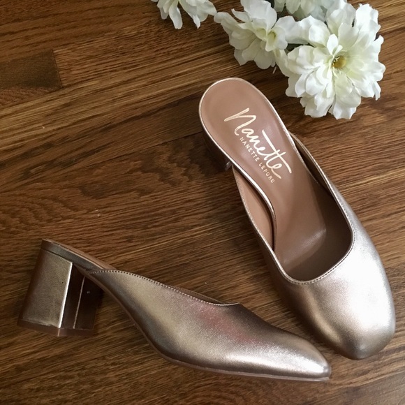 gold block heel mules